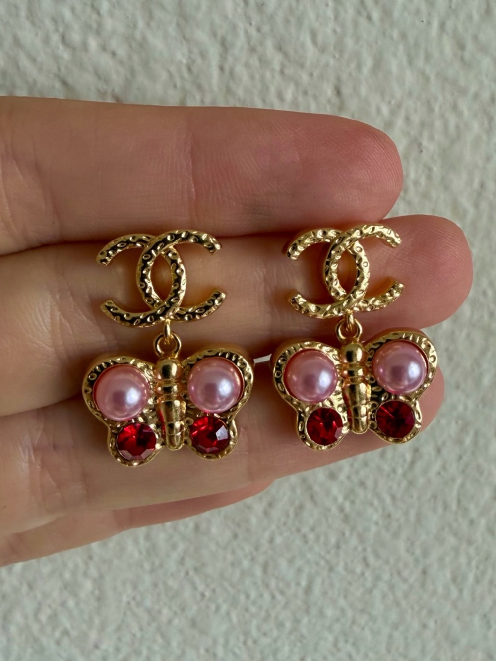 Chanel Gold CC Butterfly Drop Earrings w/ Pearl & Red Crystals - Picture 7 of 10